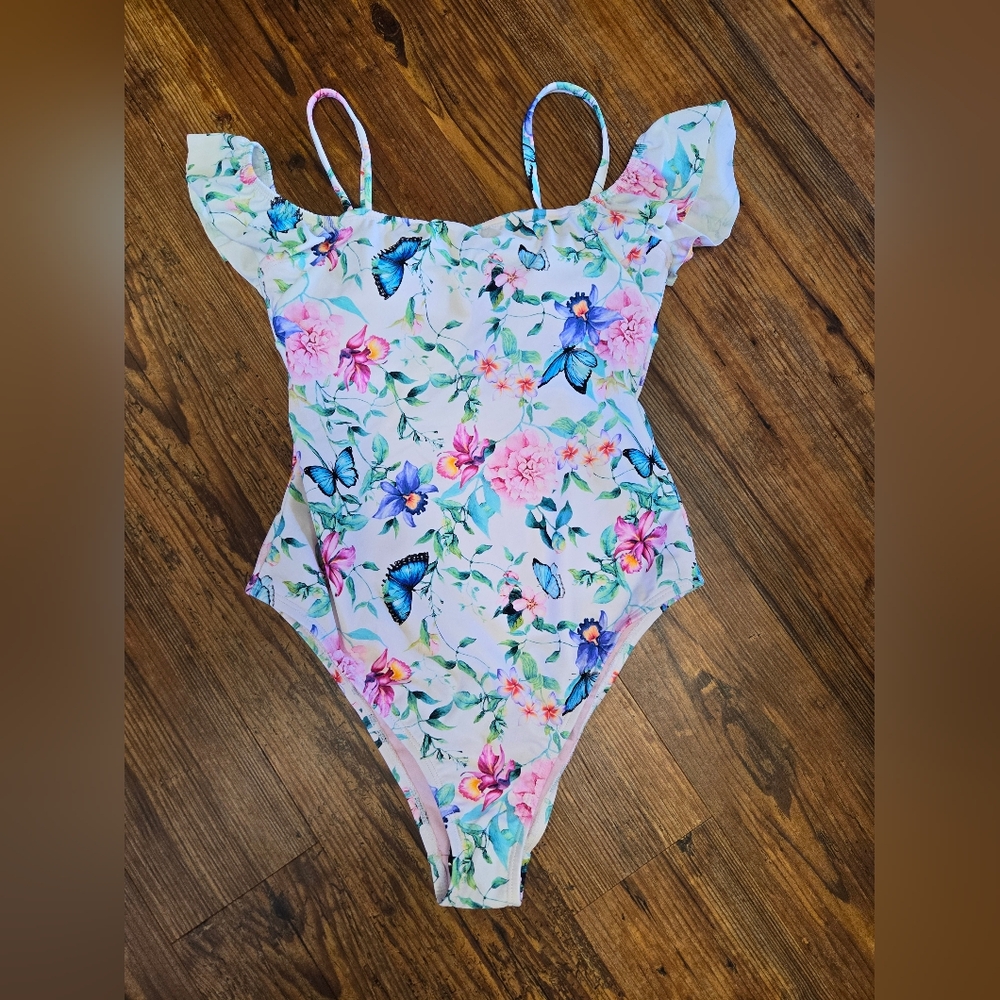 nanette lepore hi-cut 1 pc. bathing suit nwt 4 white garden adj. remov.straps